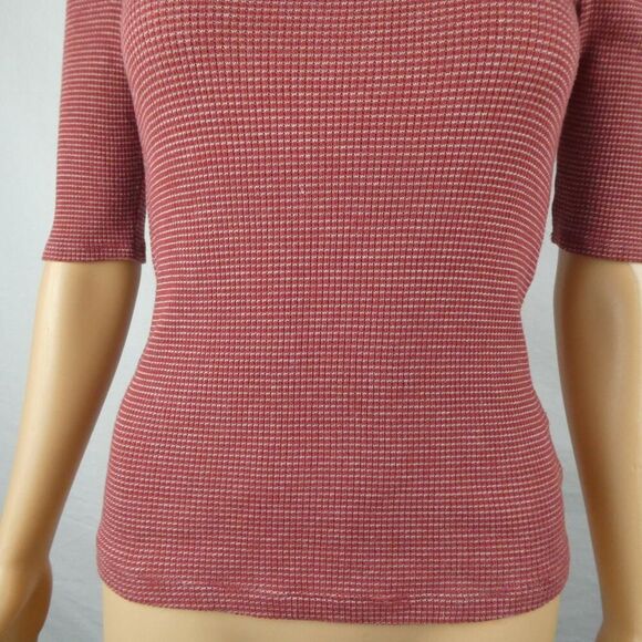 Deletta Anthropologie Red Brown White Striped Pleated Neck Mock Blouse Elbow XS - Picture 3 of 7